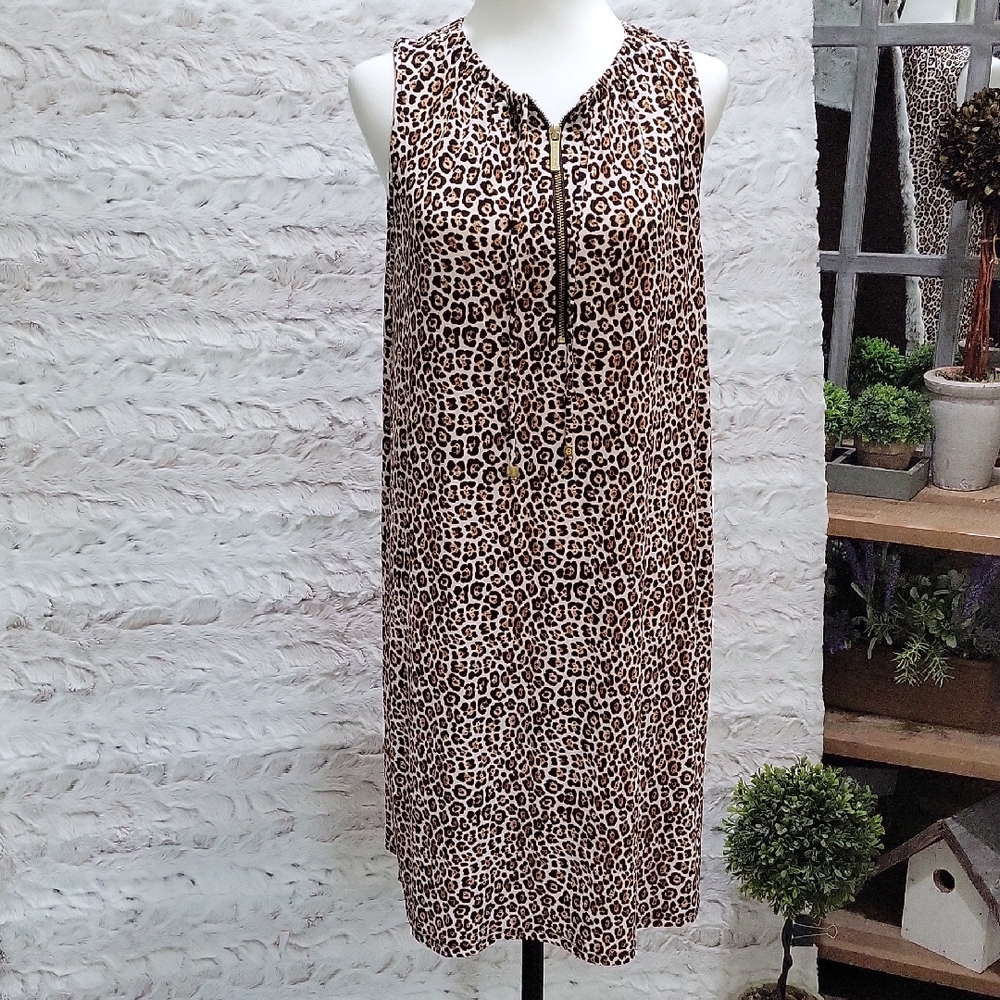 Michael Kors Brown and Tan Leopard Print Sheath Dress with Gold Zip,  Womens M